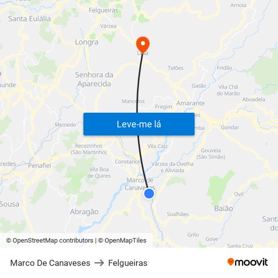 Marco De Canaveses to Felgueiras map