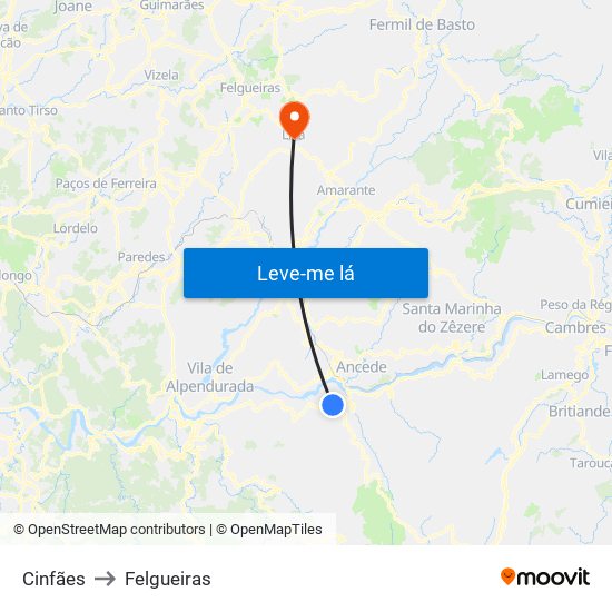 Cinfães to Felgueiras map