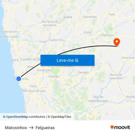 Matosinhos to Felgueiras map