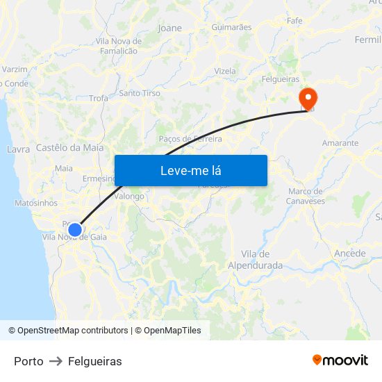 Porto to Felgueiras map