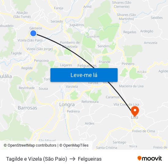 Tagilde e Vizela (São Paio) to Felgueiras map