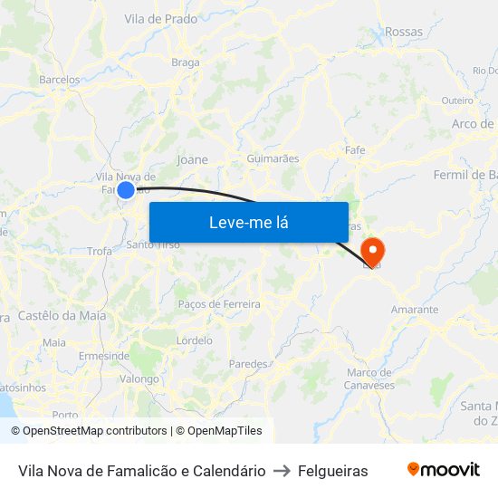 Vila Nova de Famalicão e Calendário to Felgueiras map