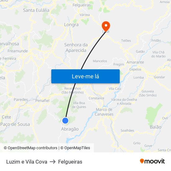 Luzim e Vila Cova to Felgueiras map