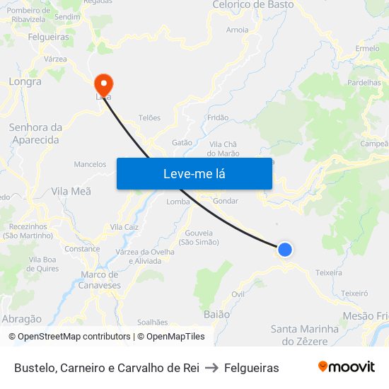 Bustelo, Carneiro e Carvalho de Rei to Felgueiras map