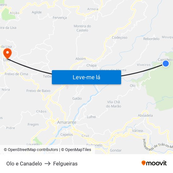 Olo e Canadelo to Felgueiras map
