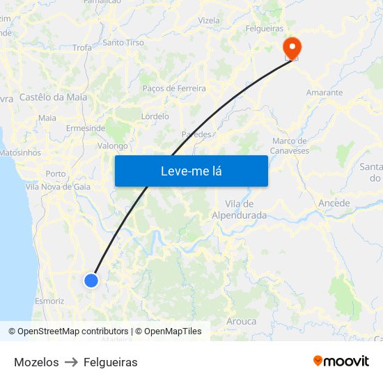 Mozelos to Felgueiras map