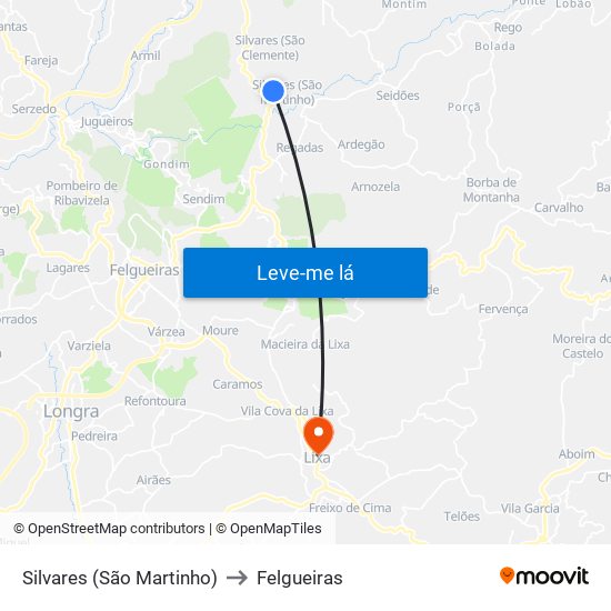 Silvares (São Martinho) to Felgueiras map