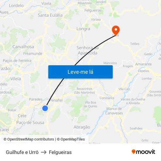Guilhufe e Urrô to Felgueiras map