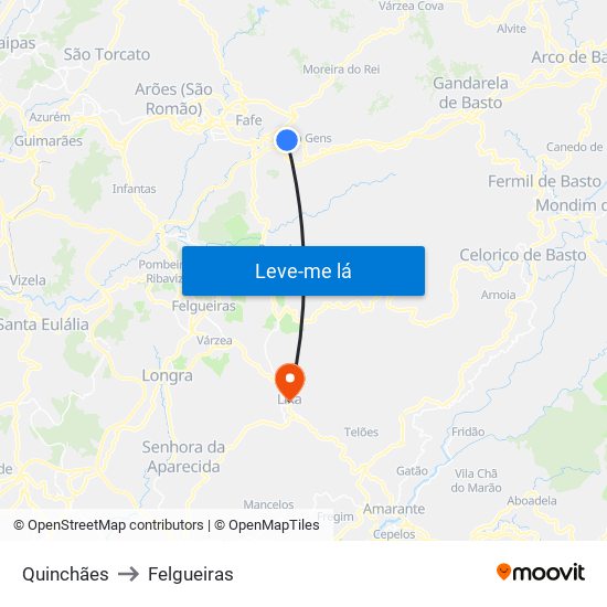 Quinchães to Felgueiras map