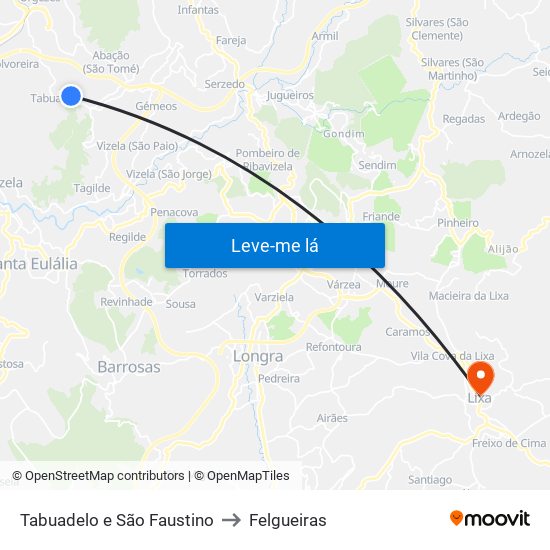 Tabuadelo e São Faustino to Felgueiras map