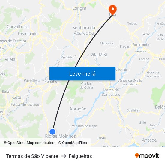 Termas de São Vicente to Felgueiras map