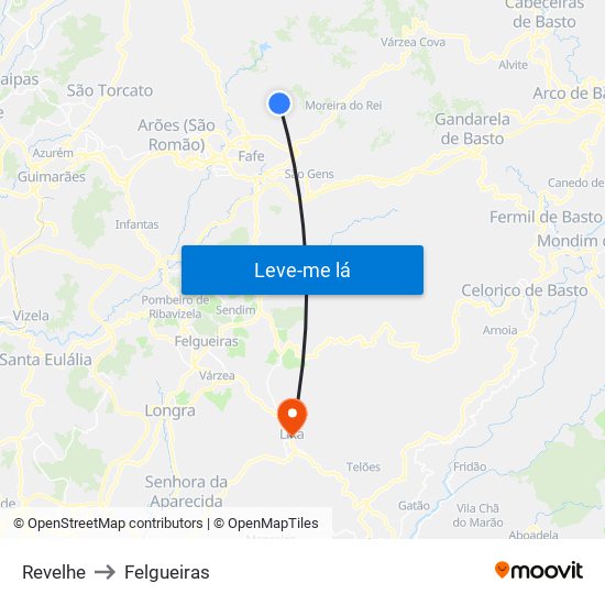 Revelhe to Felgueiras map