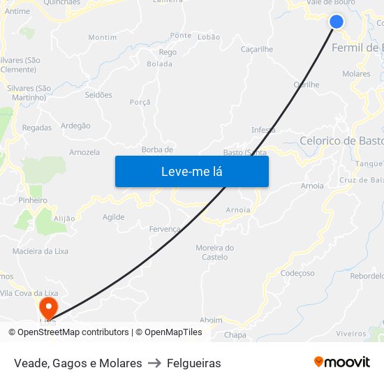Veade, Gagos e Molares to Felgueiras map