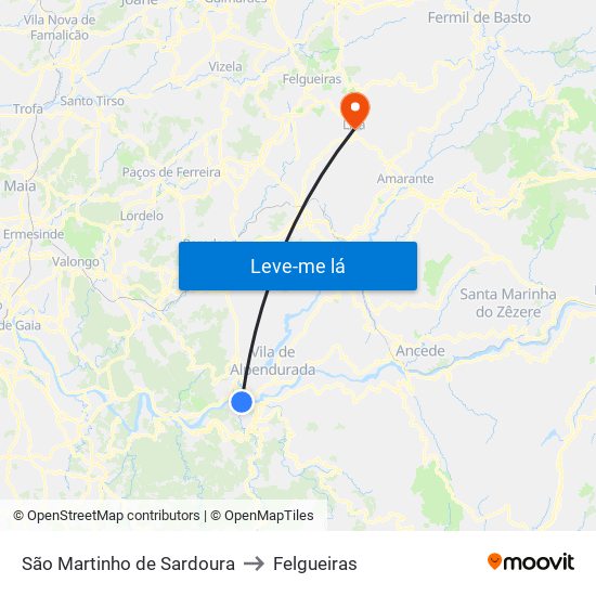 São Martinho de Sardoura to Felgueiras map