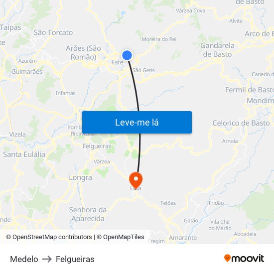 Medelo to Felgueiras map