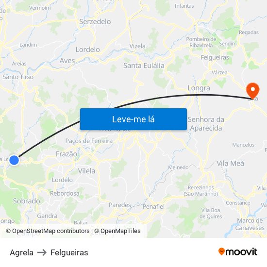 Agrela to Felgueiras map