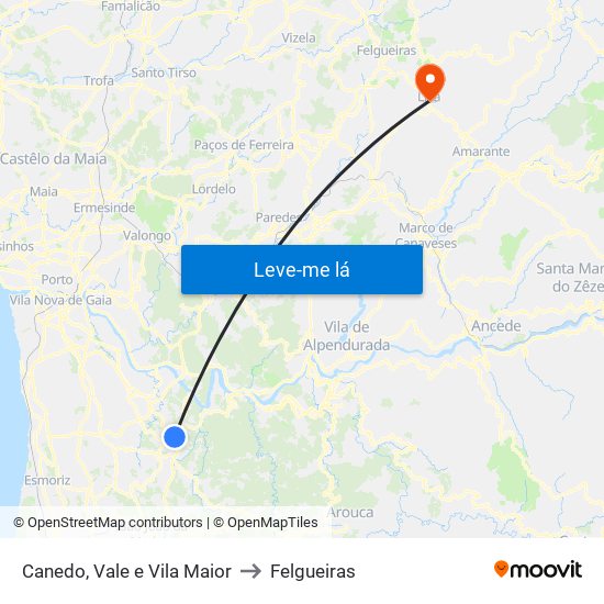 Canedo, Vale e Vila Maior to Felgueiras map
