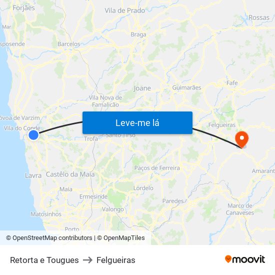 Retorta e Tougues to Felgueiras map