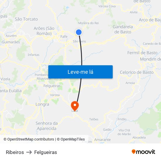 Ribeiros to Felgueiras map
