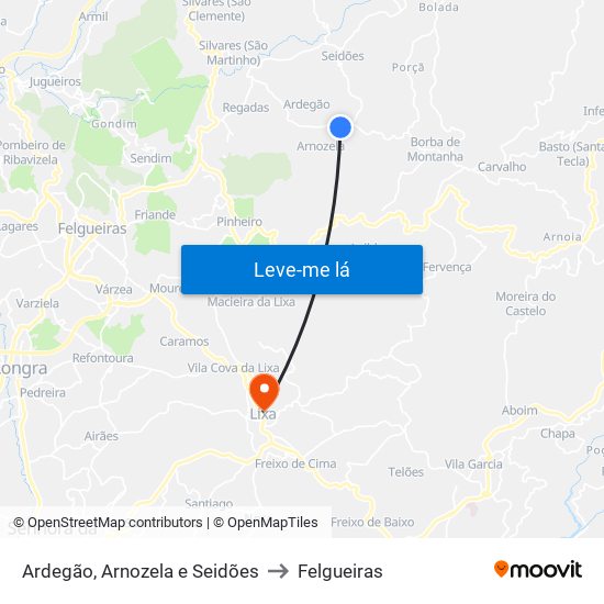 Ardegão, Arnozela e Seidões to Felgueiras map