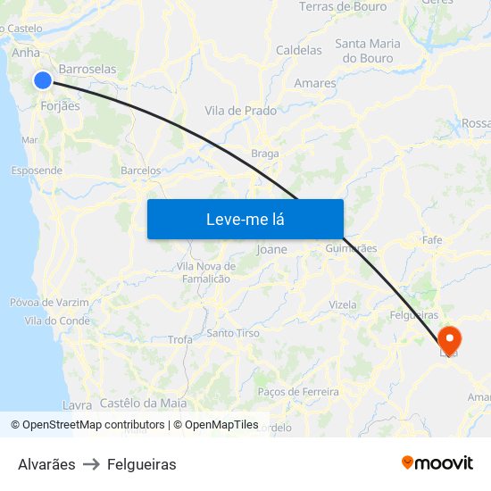 Alvarães to Felgueiras map