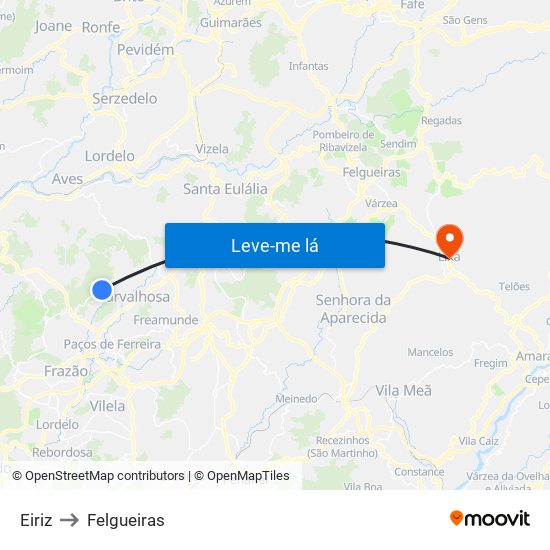 Eiriz to Felgueiras map