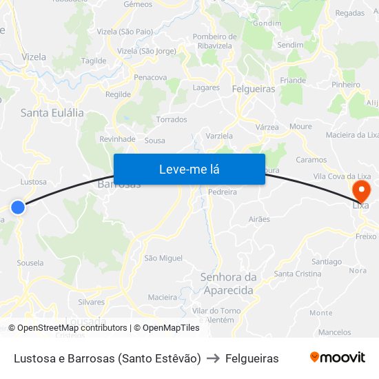 Lustosa e Barrosas (Santo Estêvão) to Felgueiras map