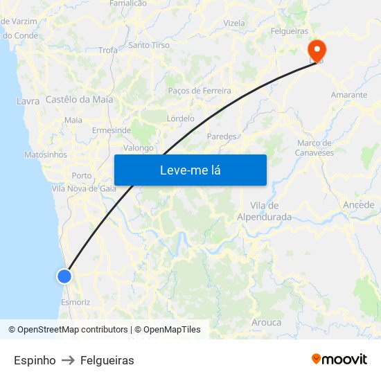 Espinho to Felgueiras map