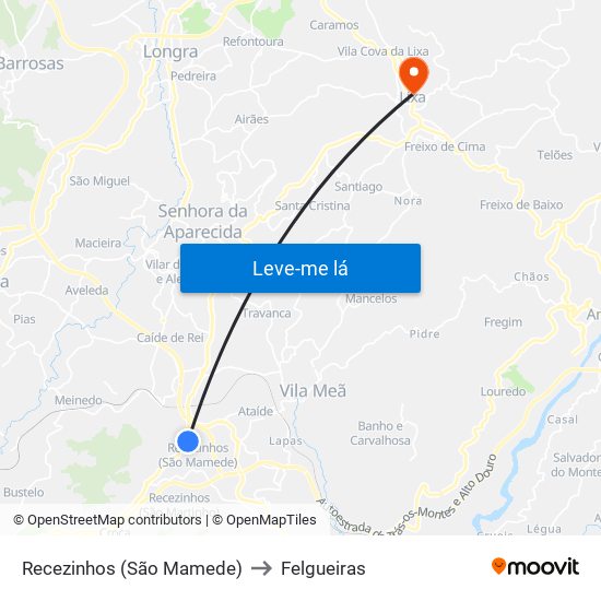 Recezinhos (São Mamede) to Felgueiras map