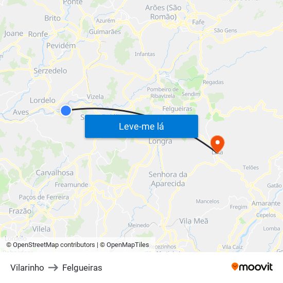 Vilarinho to Felgueiras map