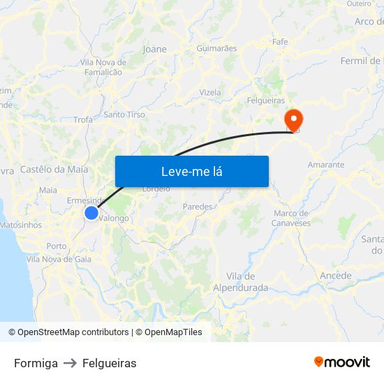 Formiga to Felgueiras map