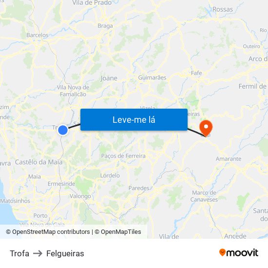 Trofa to Felgueiras map