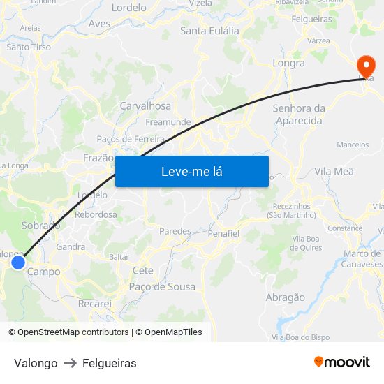 Valongo to Felgueiras map
