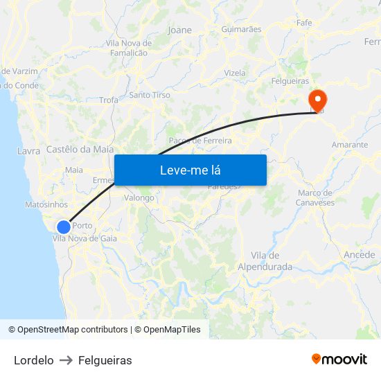Lordelo to Felgueiras map