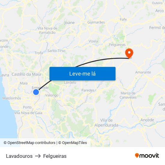 Lavadouros to Felgueiras map