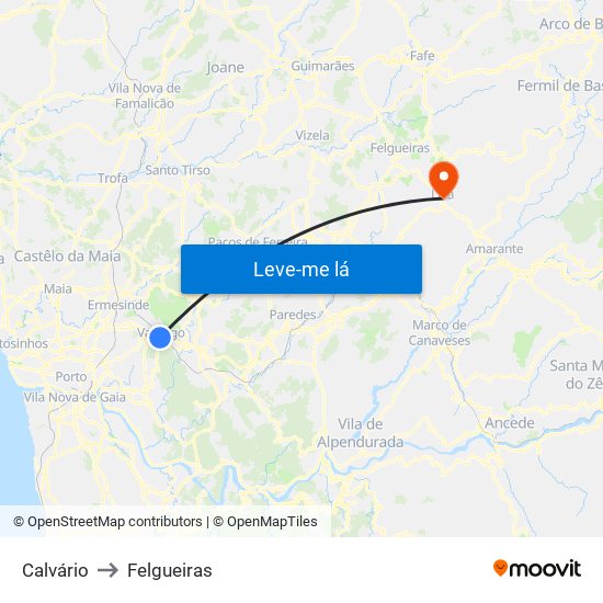 Calvário to Felgueiras map