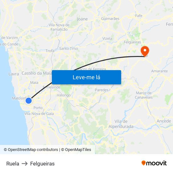 Ruela to Felgueiras map