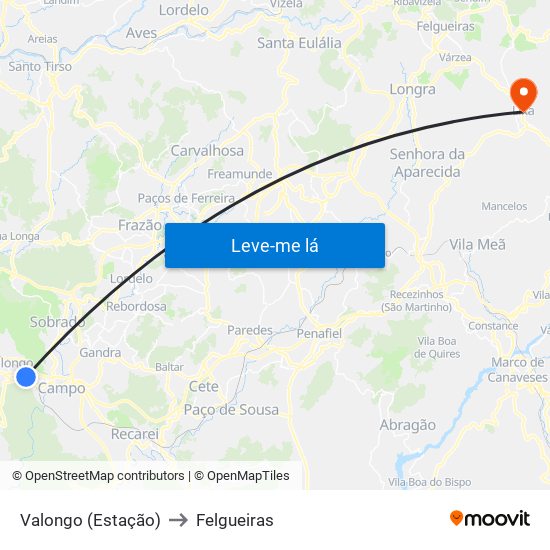 Valongo (Estação) to Felgueiras map