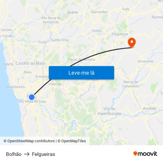 Bolhão to Felgueiras map