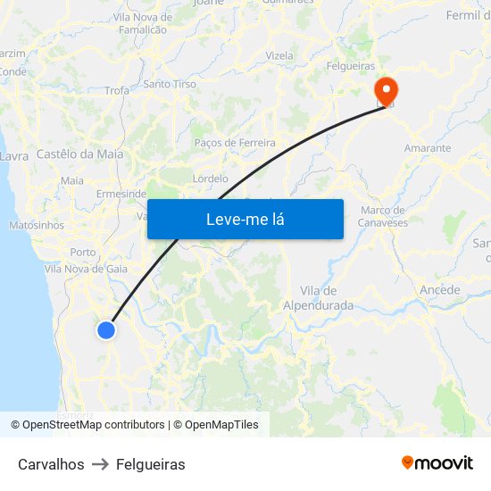 Carvalhos to Felgueiras map