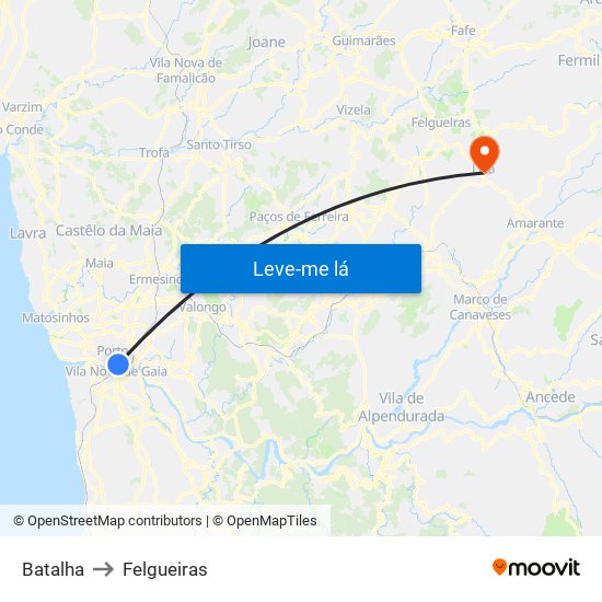 Batalha to Felgueiras map
