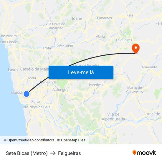 Sete Bicas (Metro) to Felgueiras map