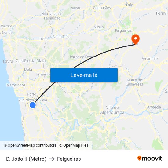 D. João II (Metro) to Felgueiras map