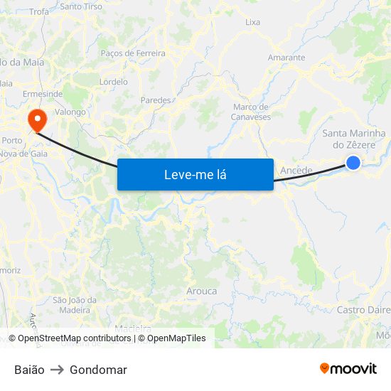 Baião to Gondomar map