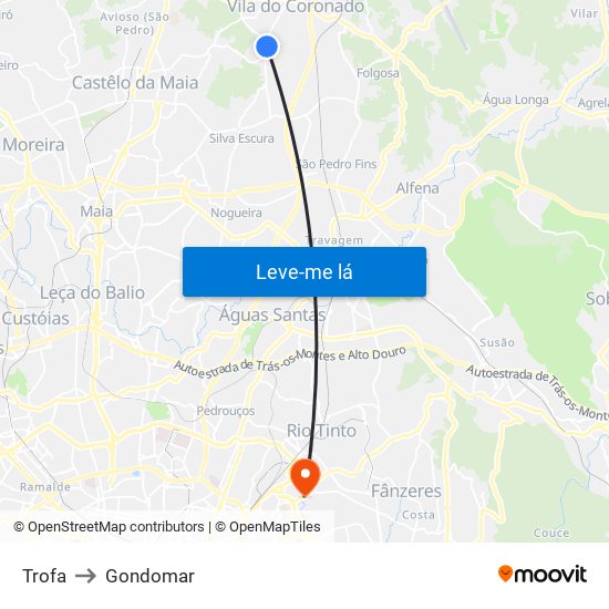 Trofa to Gondomar map