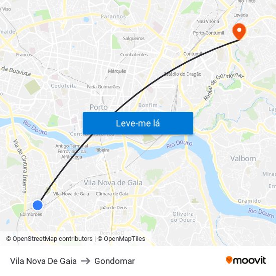 Vila Nova De Gaia to Gondomar map