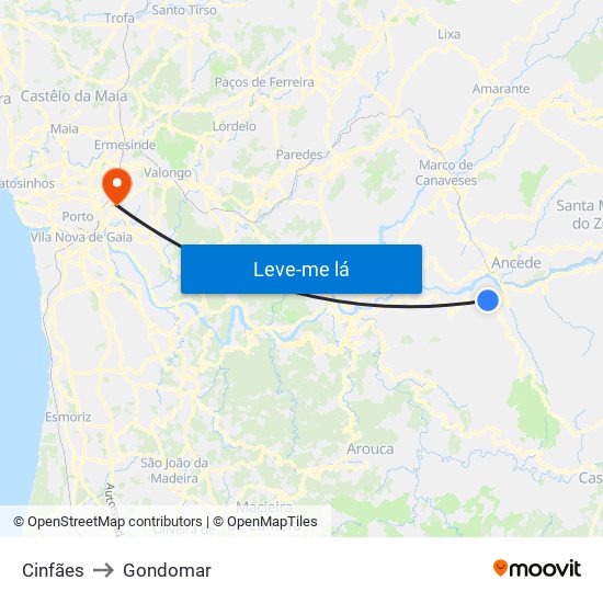 Cinfães to Gondomar map