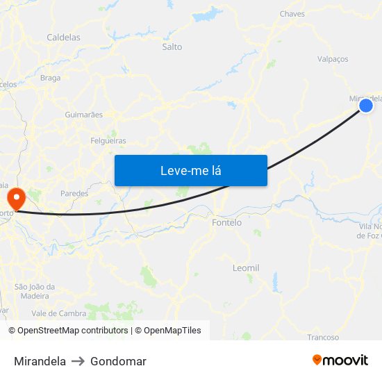 Mirandela to Gondomar map