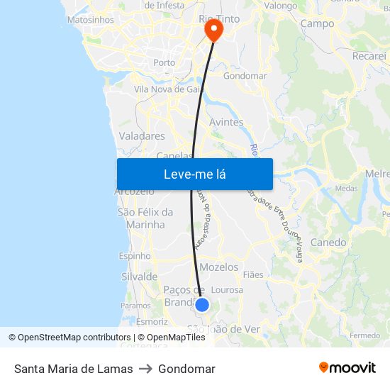 Santa Maria de Lamas to Gondomar map