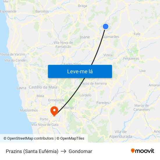 Prazins (Santa Eufémia) to Gondomar map